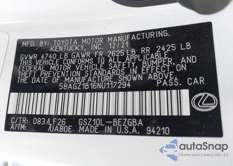 2022 Lexus Es 350 F Sport from USA, damaged, VIN 58AGZ1B16NU117294